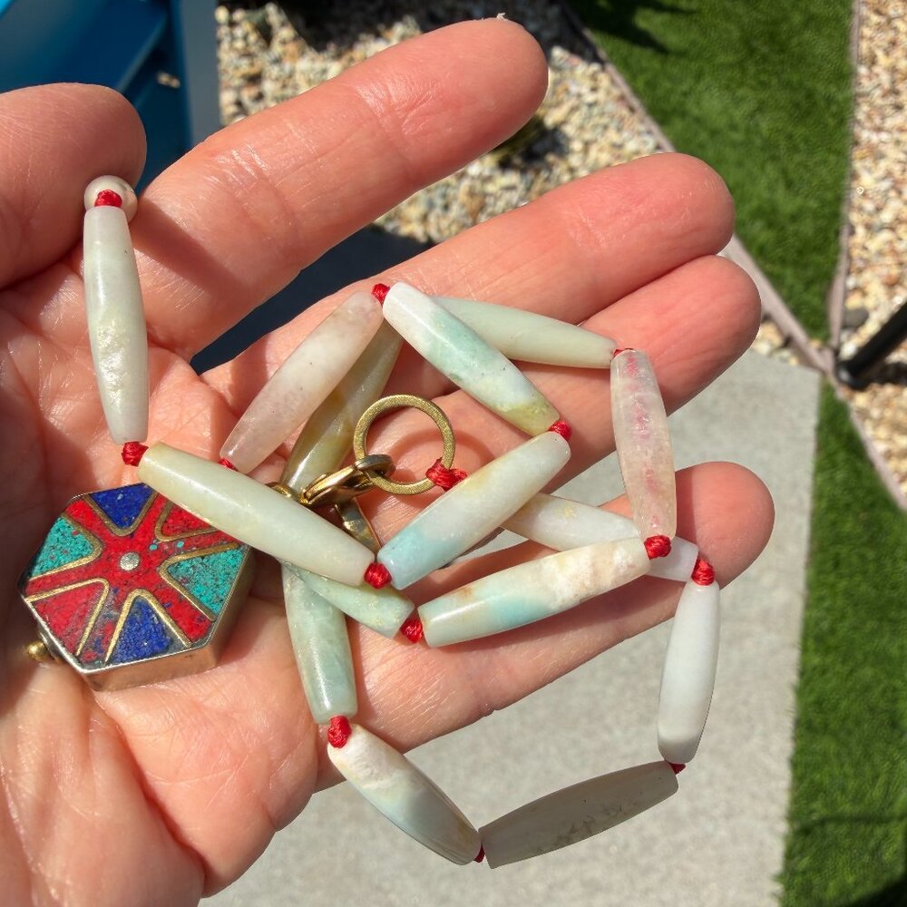 Meredith Waterstraat beaded, hand knotted necklace with colorful charm, 23"